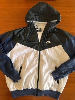 Nike Windrunner Jacket Mens Medium Black White Blue Hooded Full Zip Lightweight